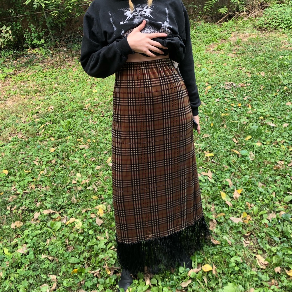 Brown plaid velvet maxi fringe skirt